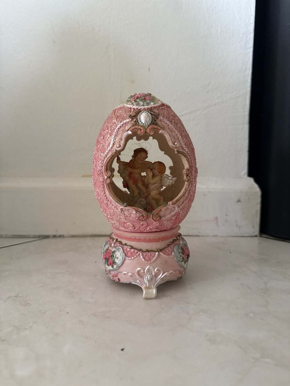 Vintage Pink Resin Egg Music Box with Cherubs and Angels Diorama